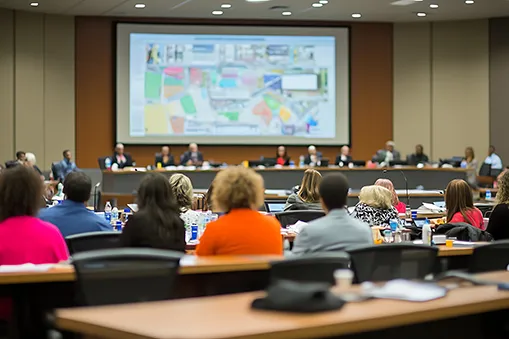 Attendees seated at tables in a conference room watch a presentation projected on a large screen at the front of the room