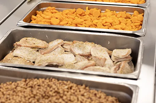 Stainless steel serving trays filled with sliced chicken, diced carrots, and a grain side dish prepared for serving